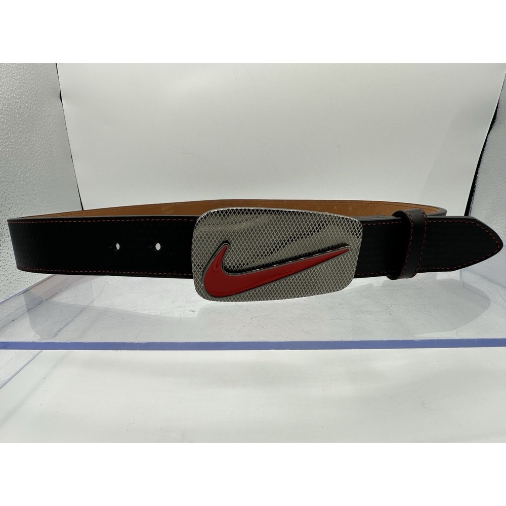 Nike Swoosh Belt Black Leather Red Metal Buckle Golf Y2K 34